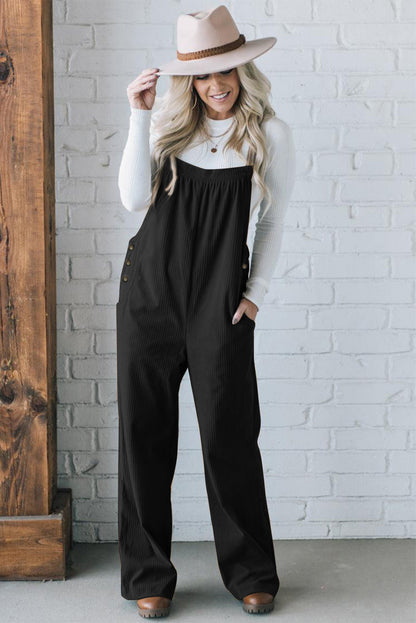 Solid Pocketed Loose Fit Corduroy Overall | Black