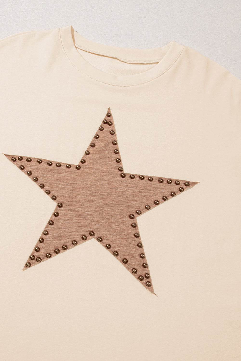 Star Shape Studded Crew Neck Plus Size T Shirt | Beige