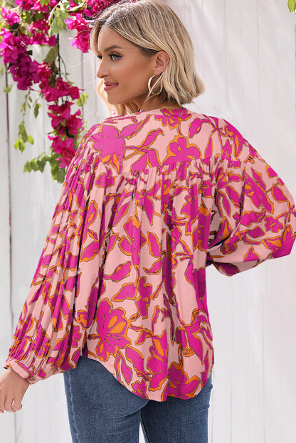 Floral Print Batwing Sleeve Buttoned Loose Fit Shirt | Pink