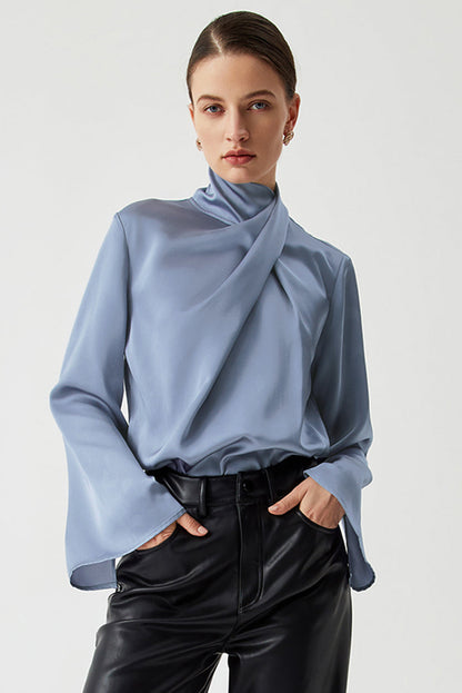 Asymmetric Pleated Turtleneck Bell Sleeve Blouse | Ivy