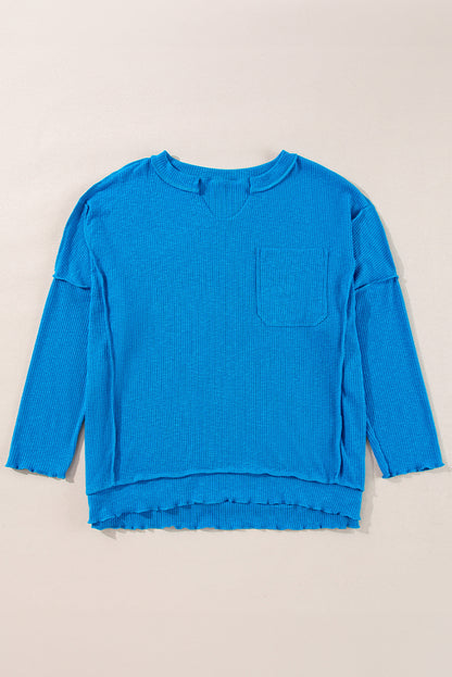 Ribbed Exposed Seam Knit V Neck Long Sleeve Top | Blue