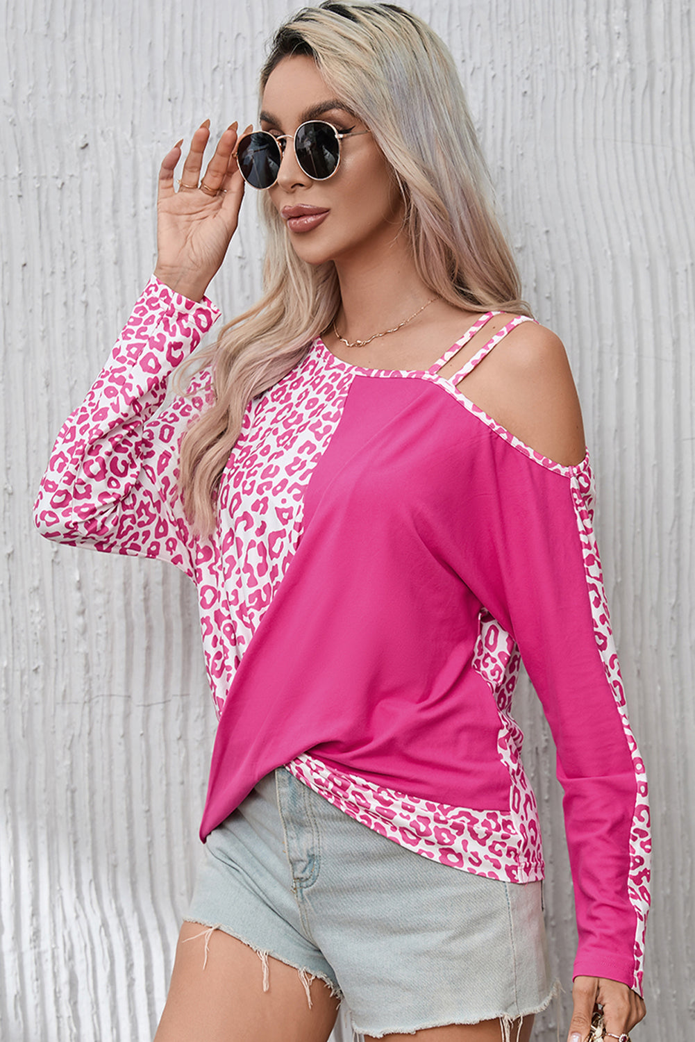 Rose Contrast Leopard Asymmetric Cold Shoulder Crossed Hem Top | Rose Red