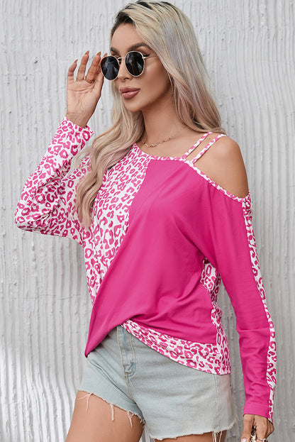 Rose Contrast Leopard Asymmetric Cold Shoulder Crossed Hem Top | Rose Red