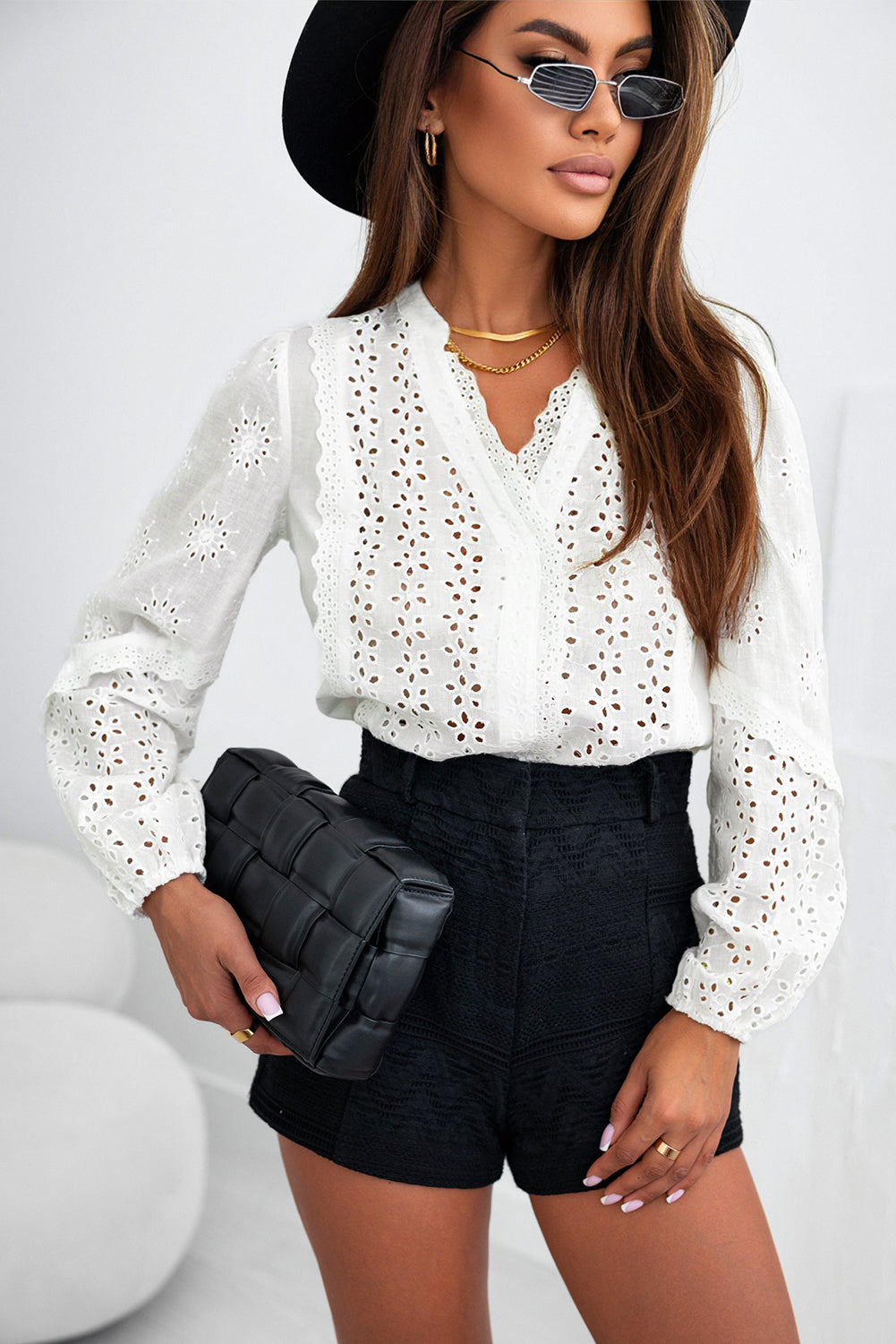 White Eyelet Lace Puff Sleeve Split Neck Blouse