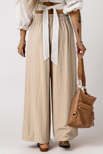 Drawstring Waist Pleated Wide Leg Casual Pants | Beige