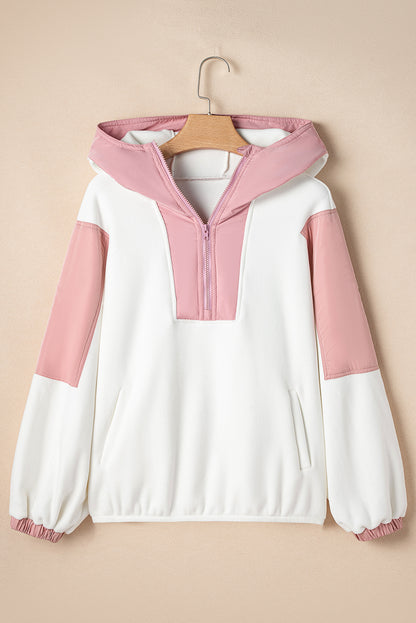 Colourblock Patchwork Half Zip Oversized Sherpa Hoodie | White