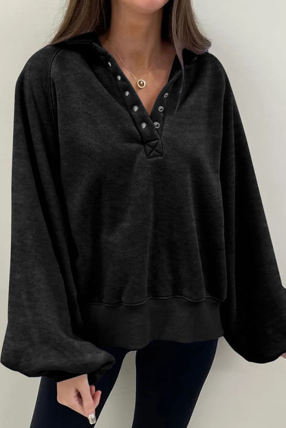 Solid Snap Buttons Collared Balloon Sleeve Oversized Sweatshirt | Black