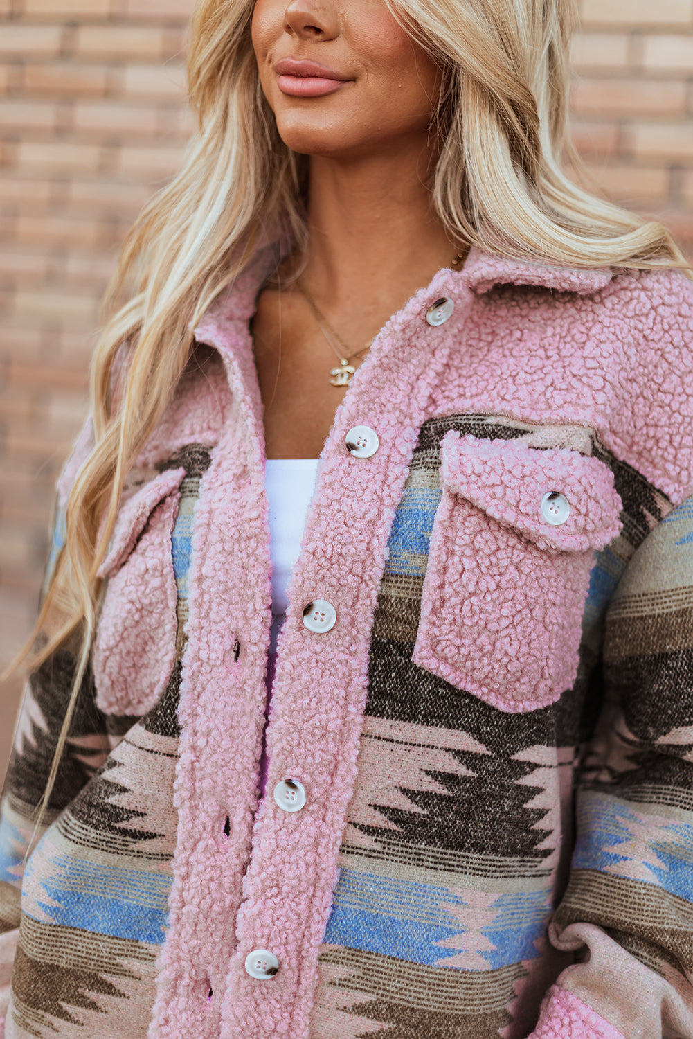 Western Aztec Print Sherpa Splicing Buttoned Flap Pocket Coat | Pink