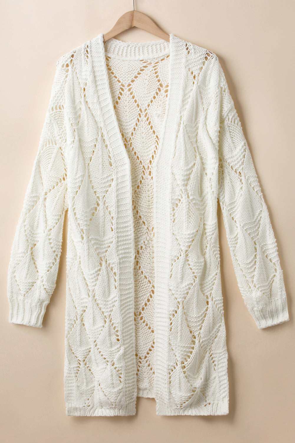 Rhombus Hollowed Knit Open Front Cardigan | White