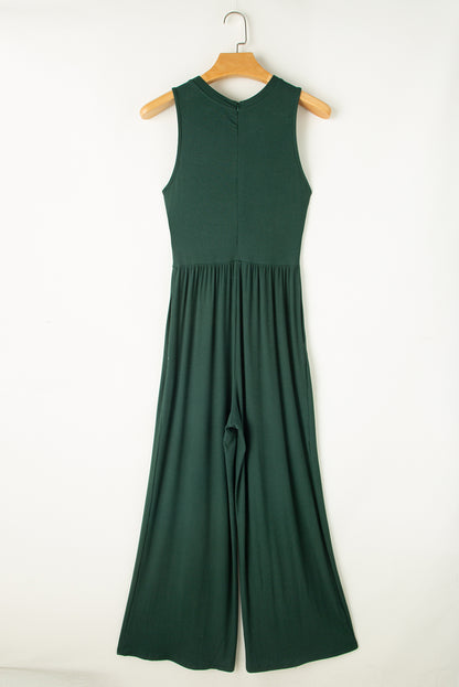 Cinched Waist Sleeveless Wide Leg Jumpsuit | Blackish Green