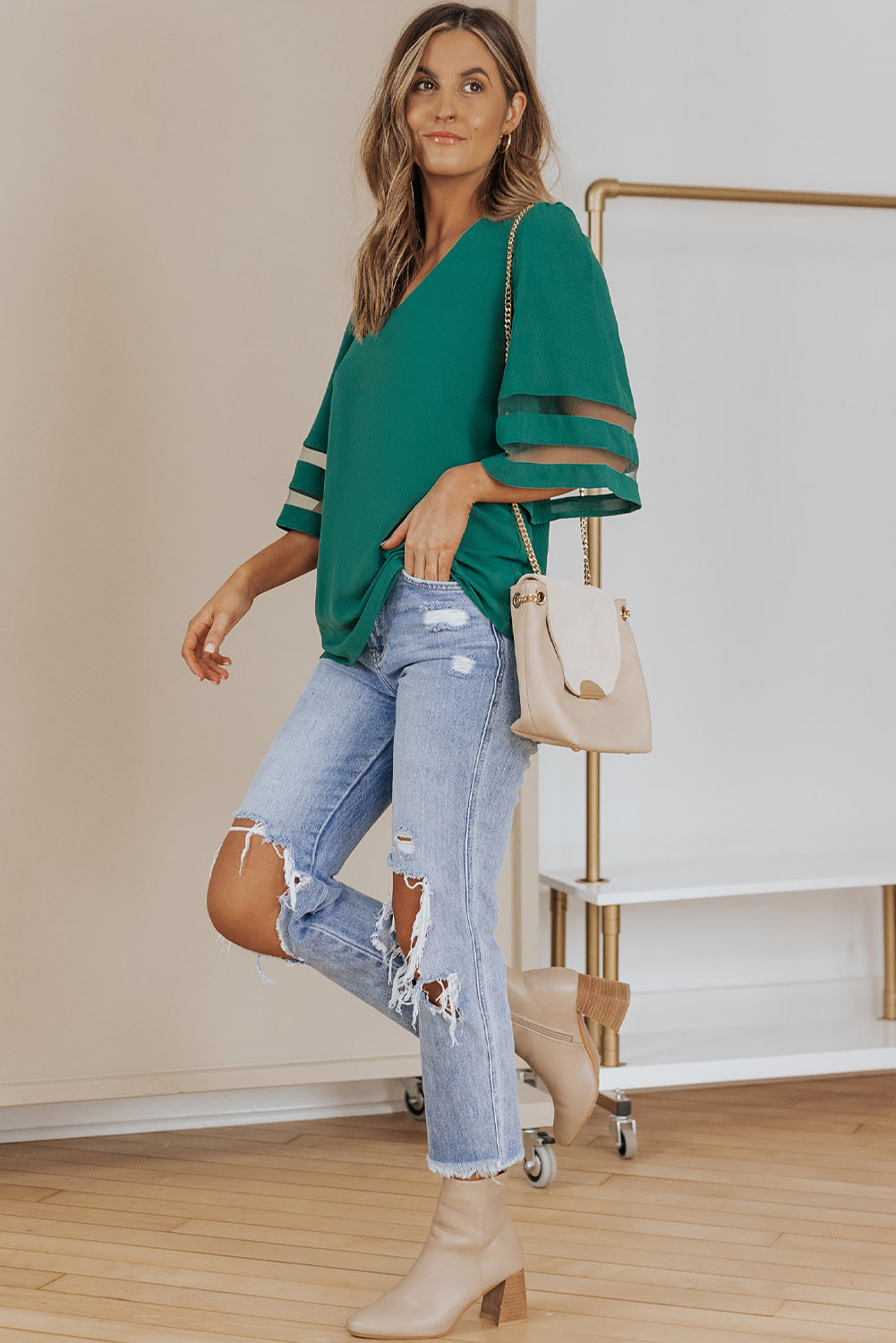 Flare Sleeve V Neck Loose Blouse | Green