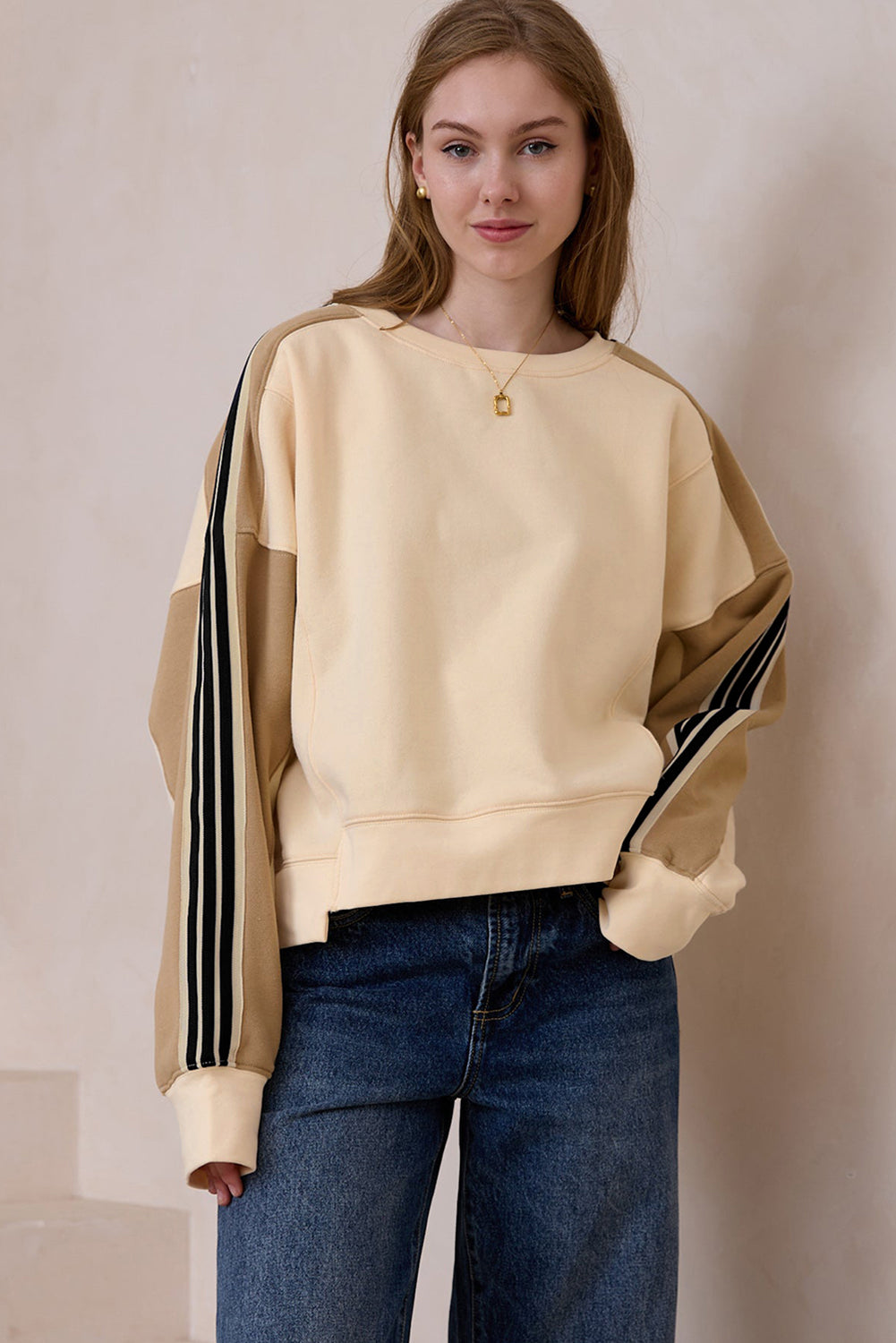 Contrast Striped Patchwork Drop Shoulder Loose Sweatshirt | Beige