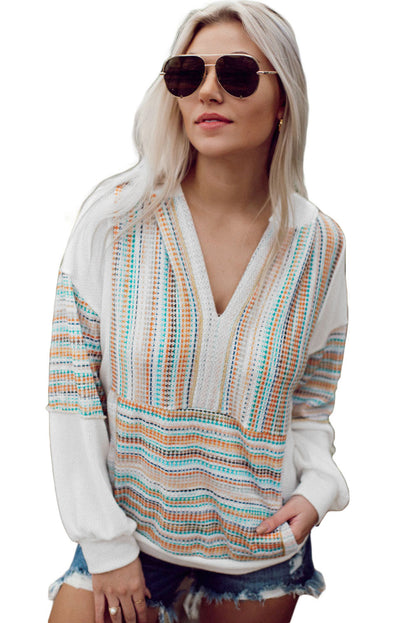 Striped Patchwork V Neck Drop Shoulder Knit Hoodie | Multicolour