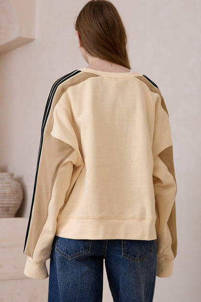 Contrast Striped Patchwork Drop Shoulder Loose Sweatshirt | Beige