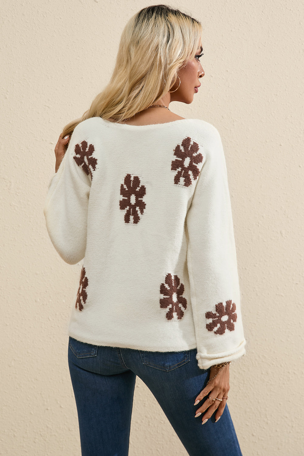 Colourblock Floral Pattern Round Neck Sweater | White