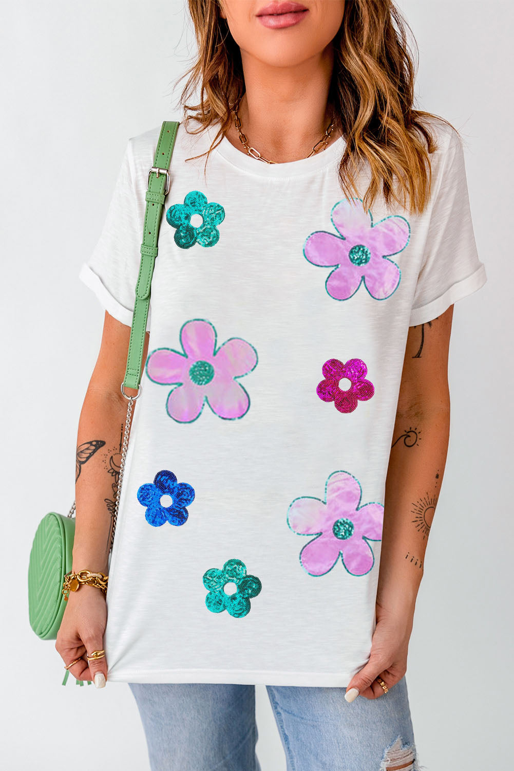 Sequined Flower Pattern Round Neck T Shirt | White