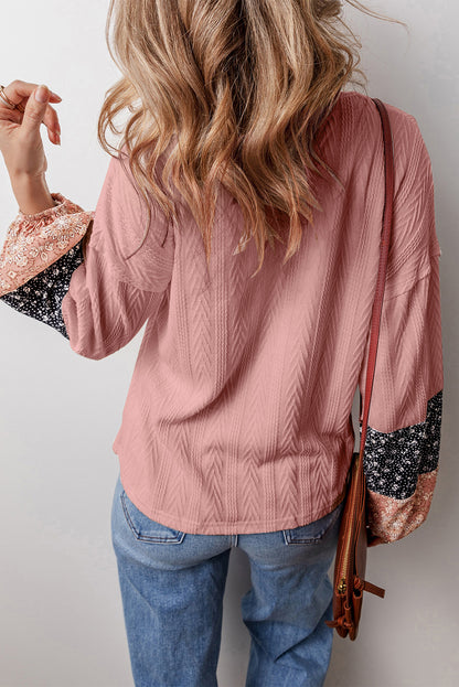 Floral Patchwork Textured Knit Drawstring V Neck Blouse | Dusty Pink