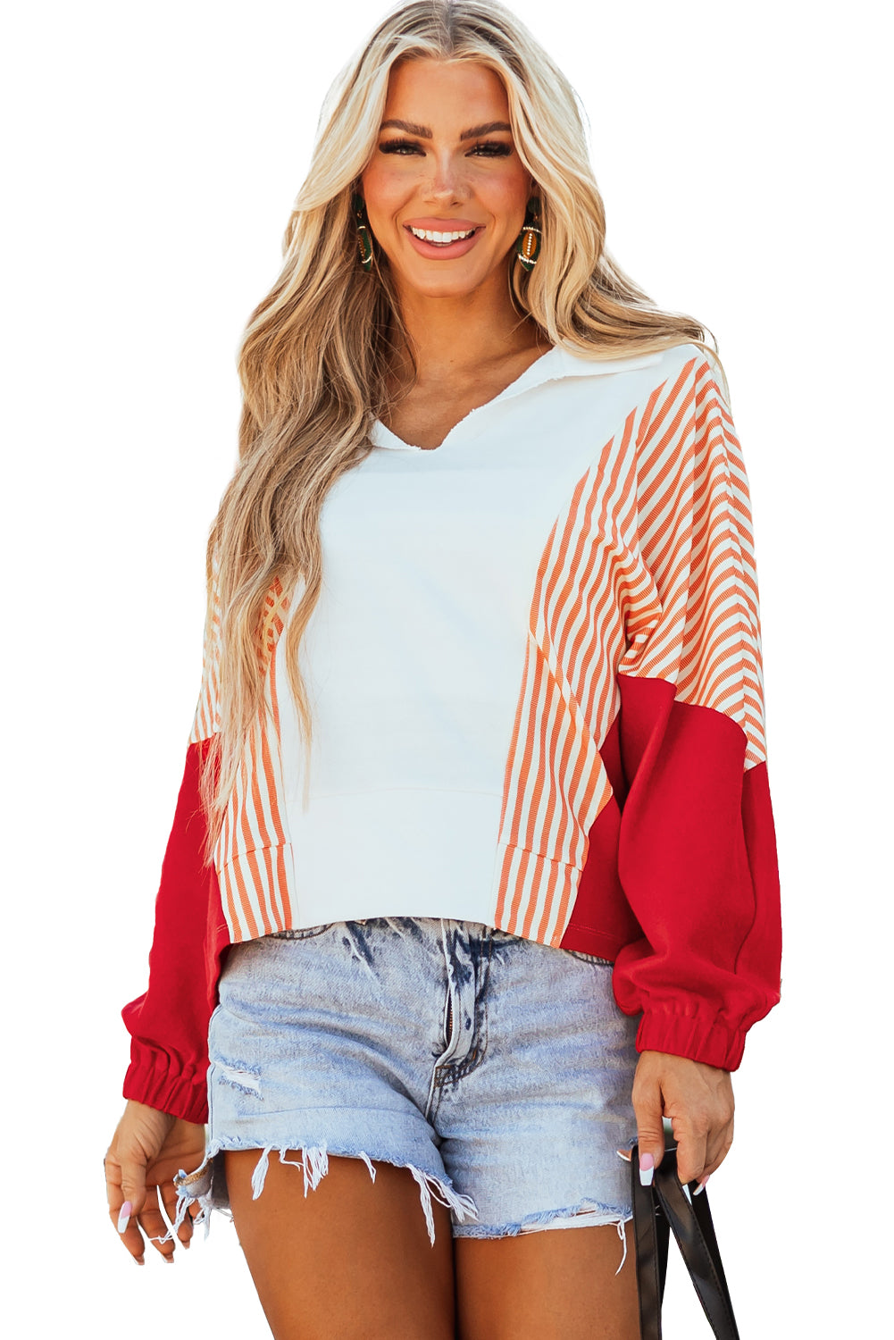 Striped Colour Block Collared V Neck Oversized Sweatshirt | White