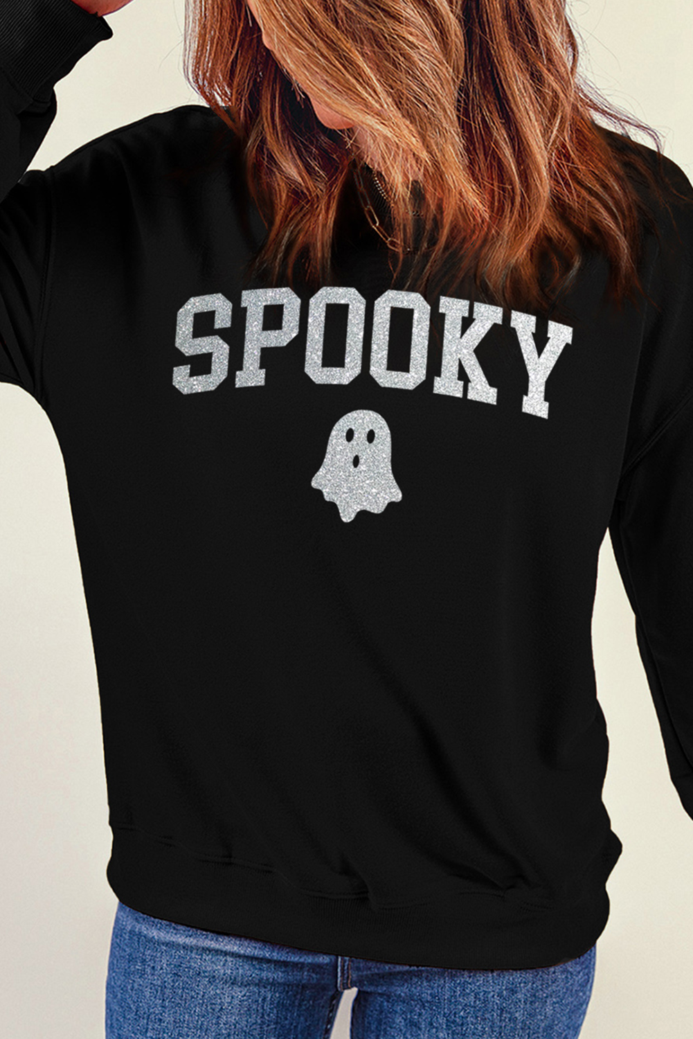 Glitter Spooky Ghost Pattern Crew Neck Halloween Sweatshirt | Black