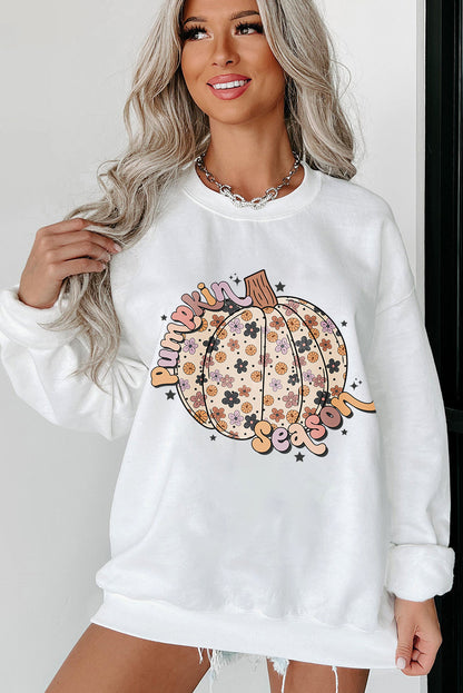 Floral Pumpkin Season Graphic Loose Sweatshirt | White