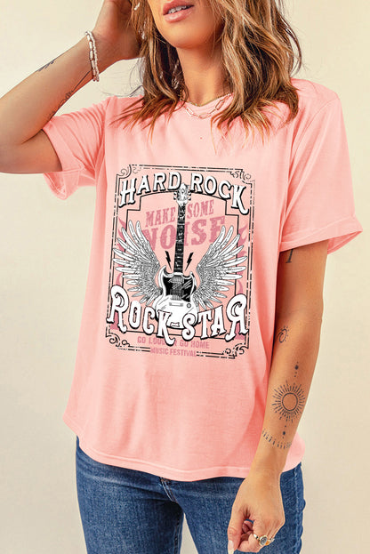 Hard Rock Guitar Print Crew Neck T Shirt | Pink