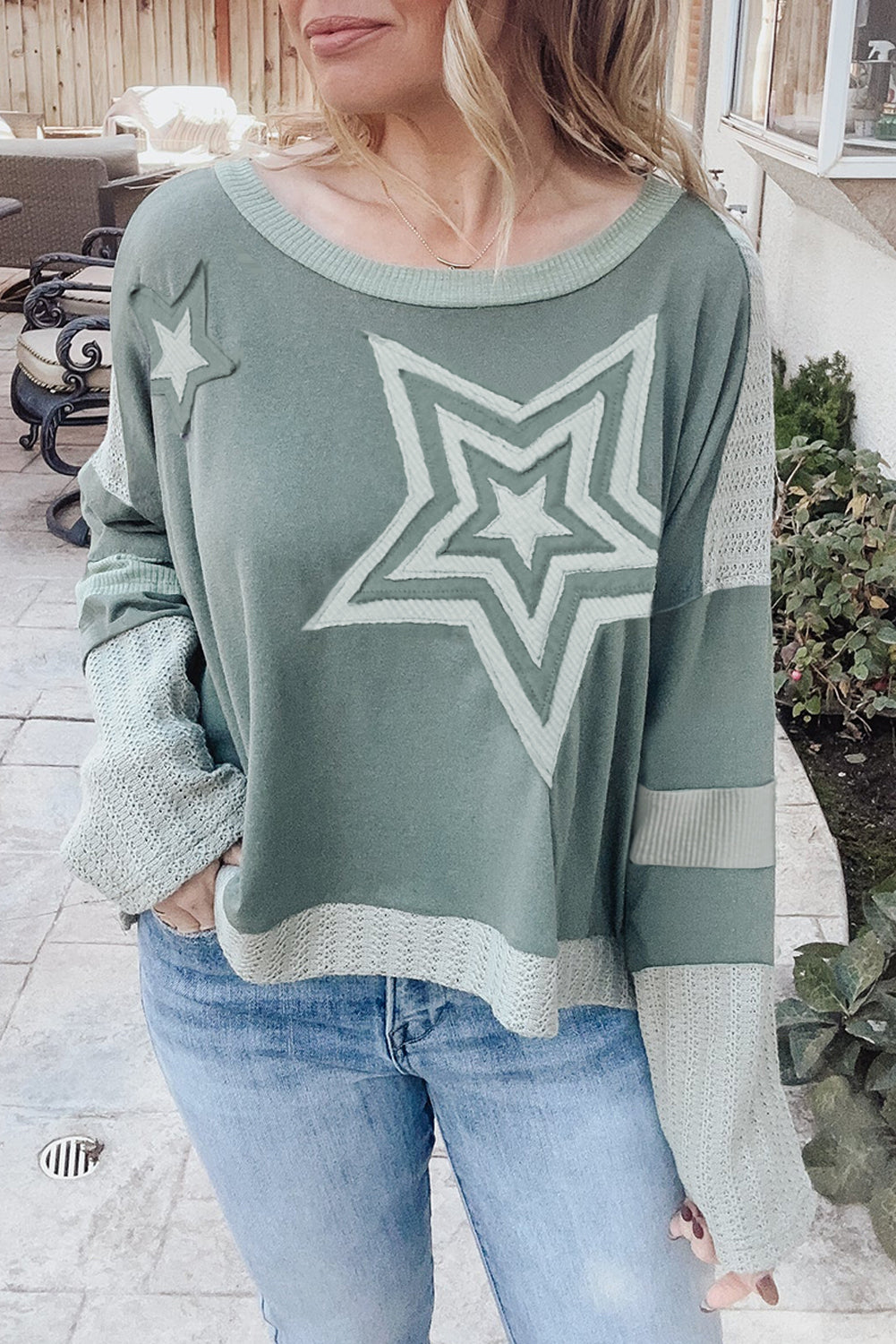 Stars Patchwork Round Neck Plus Size T Shirt | Mist Green