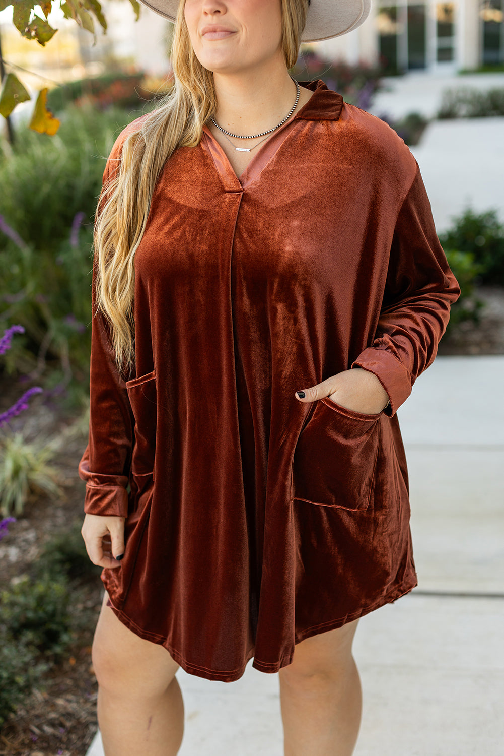 Plus Size V Neck Collared Pleated Back Rounded Hem Velvet Dress | Coffee