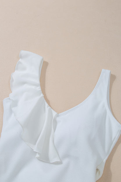 Asymmetric Ruffle Trim Tie Waist One Piece Swimsuit | White