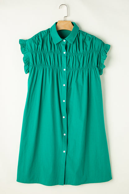 Shirred Ruffle Sleeve Button Up Short Dress | Bright Green