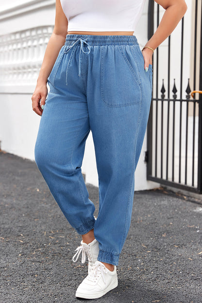 Drawstring Waist Pocketed Plus Size Denim Joggers | Dusk Blue