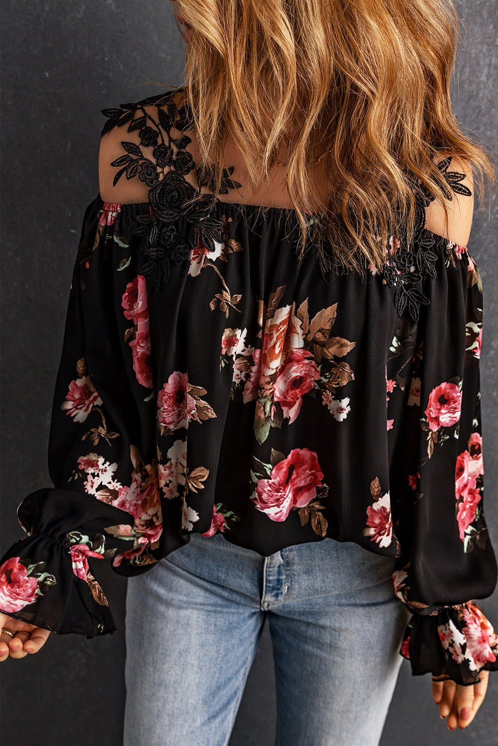 Floral Print Lace Patchwork Loose Cold Shoulder Blouse | Black