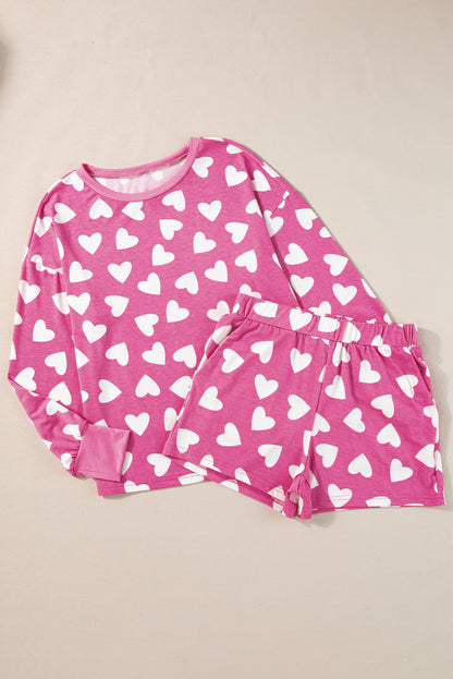 Valentine Heart Shape Print Long Sleeve Top Shorts Lounge Set | Pink