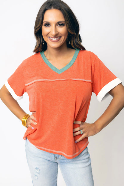 Contrast Trim Exposed Seam V Neck T-Shirt | Grapefruit Orange