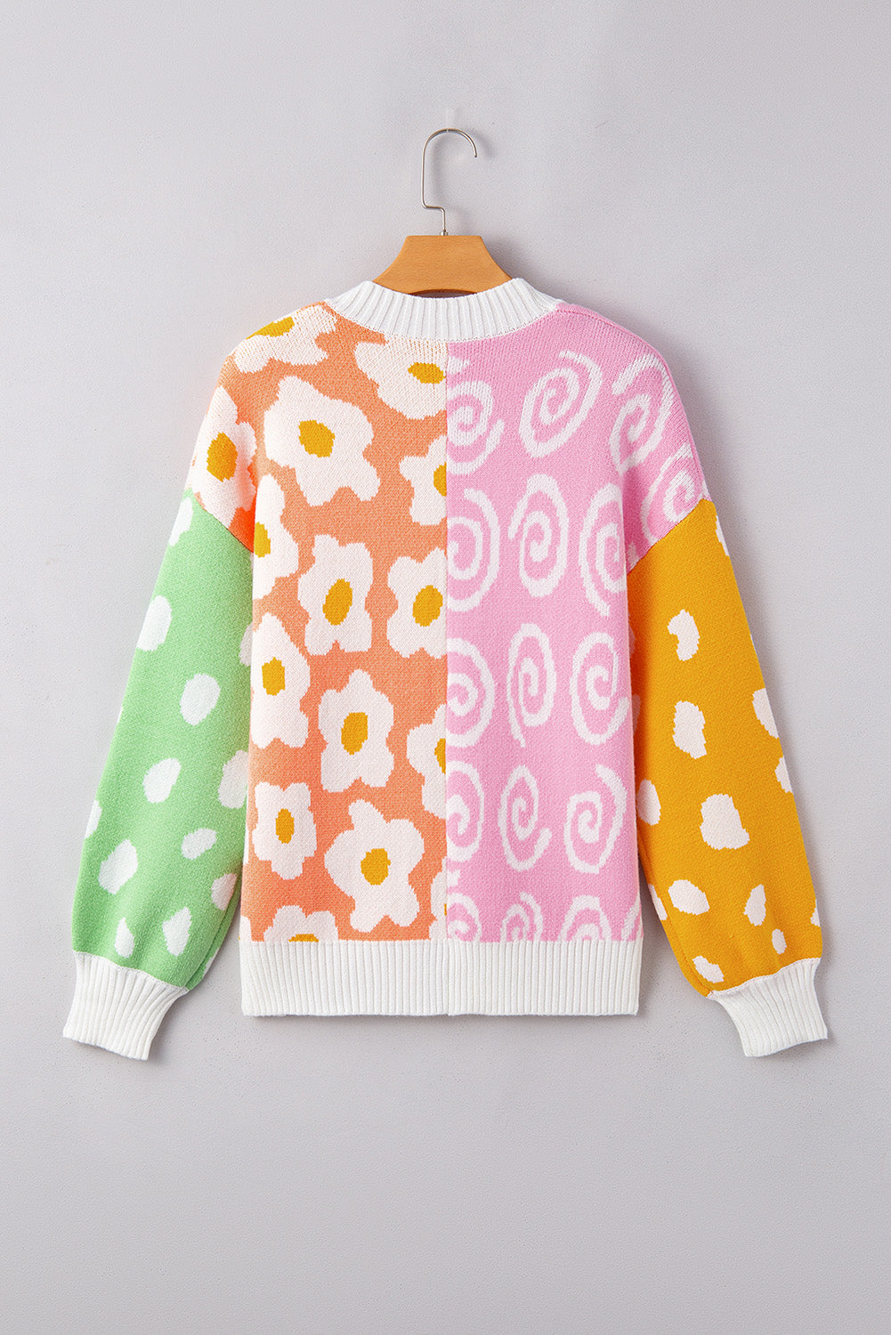 Flower & Dotted Mixed Print Colourblock Open Front Cardigan | Orange