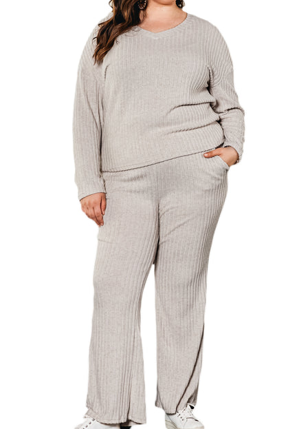 Plus Size Ribbed V Neck Pullover And Pants Set | Parchment