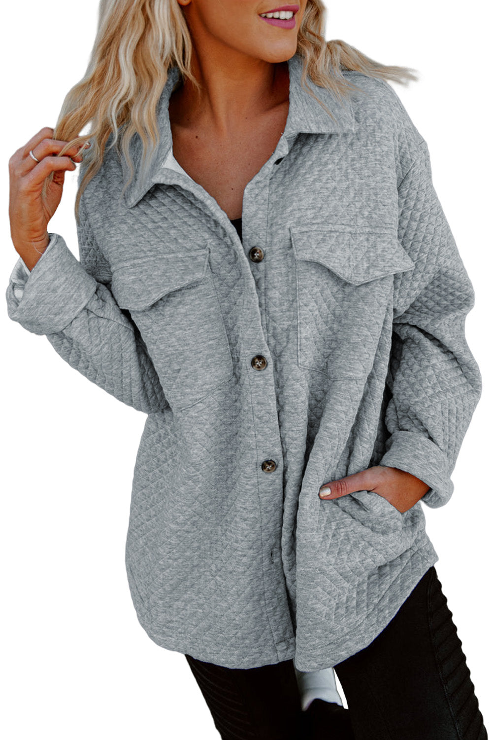 Retro Quilted Flap Pocket Button Shacket | Gray