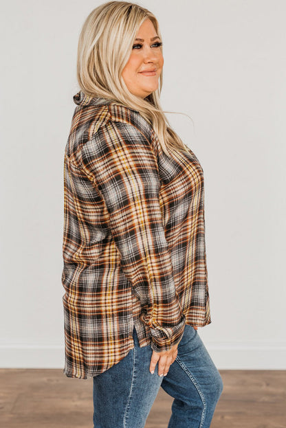 Plaid Print Button Long Sleeve Plus Size Shirt Coat | Apricot