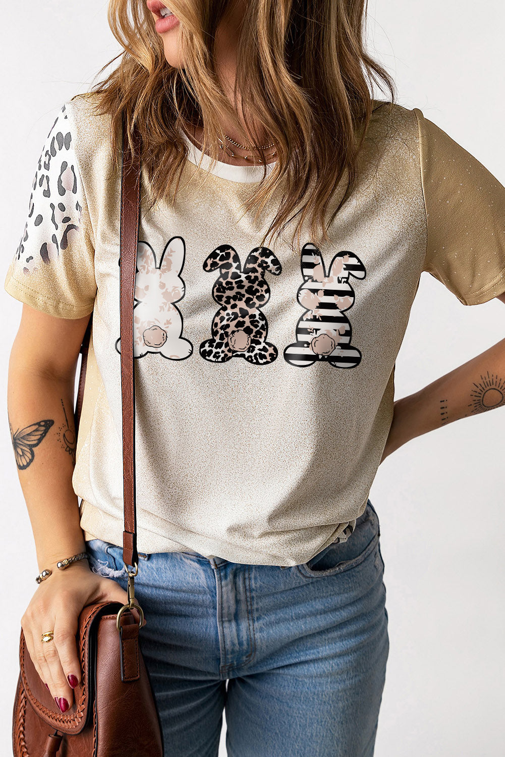 Easter Bunny Leopard Bleached Print Graphic Tee | Khaki