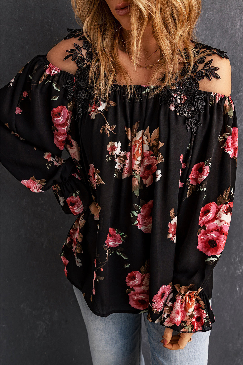 Floral Print Lace Patchwork Loose Cold Shoulder Blouse | Black