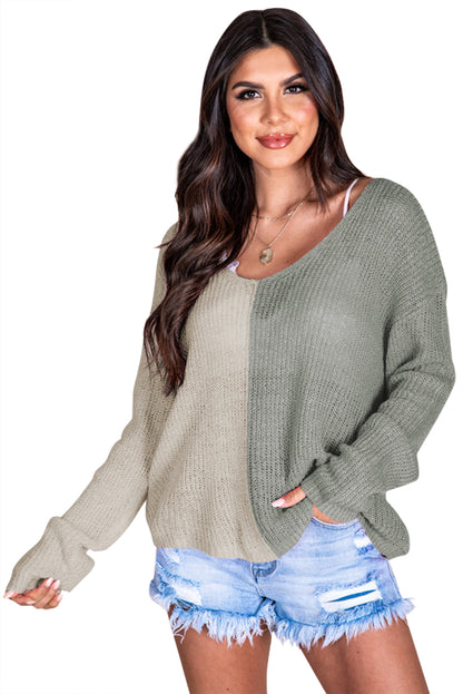 Long Sleeve V-Neck Colourblock Sweater | Gray