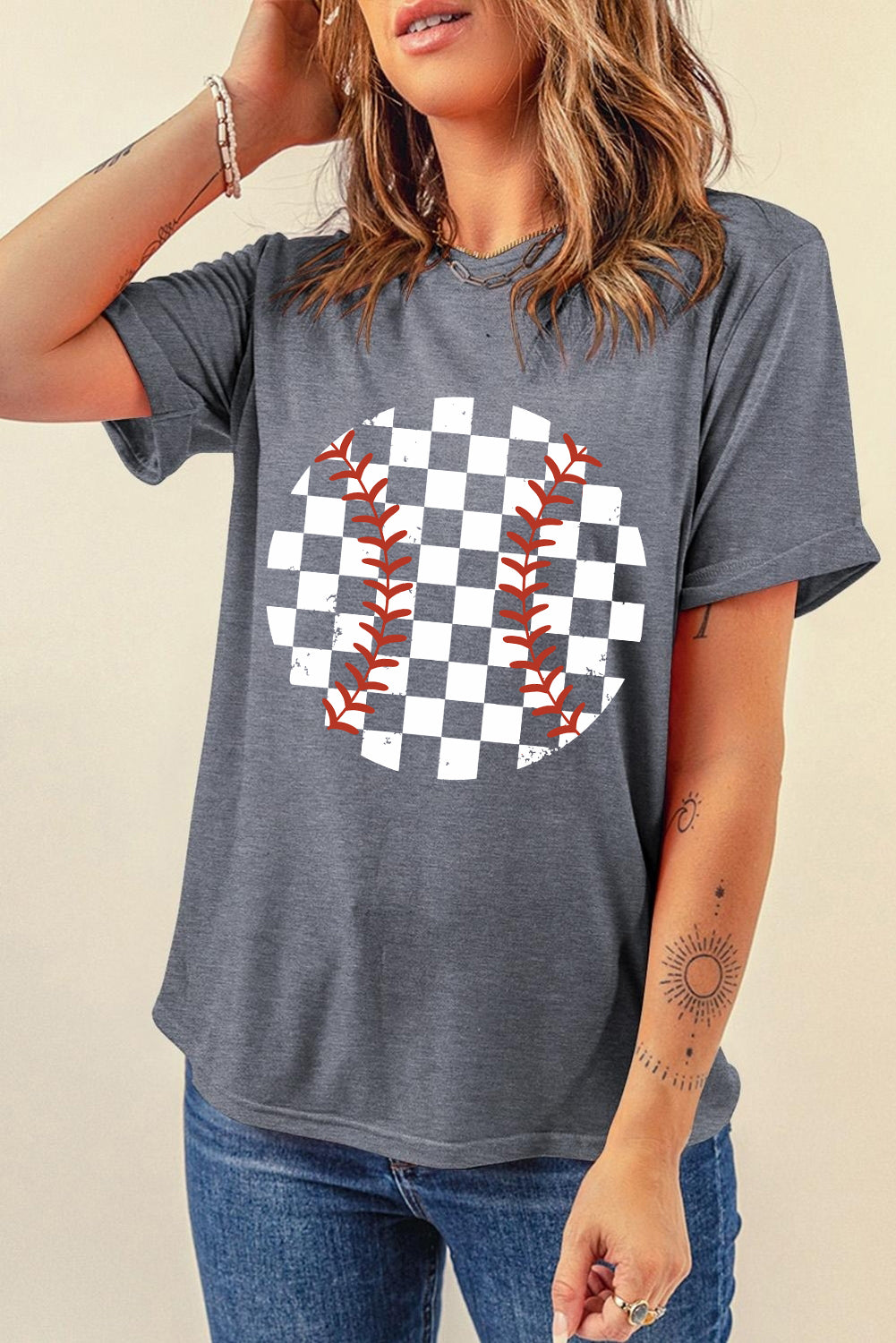 Vintage Checkered Baseball Graphic Tee | Gray