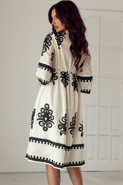 Western Geometric Print 3/4 Sleeve Loose Midi Dress | Beige