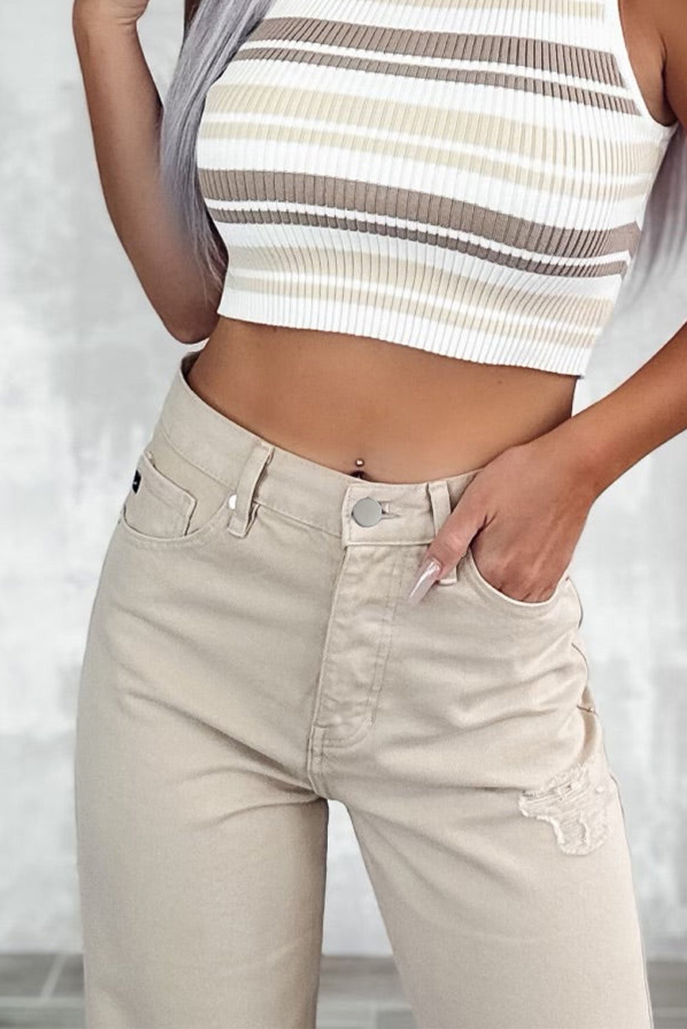 High Waist Ripped Wide-Leg Jeans | Khaki