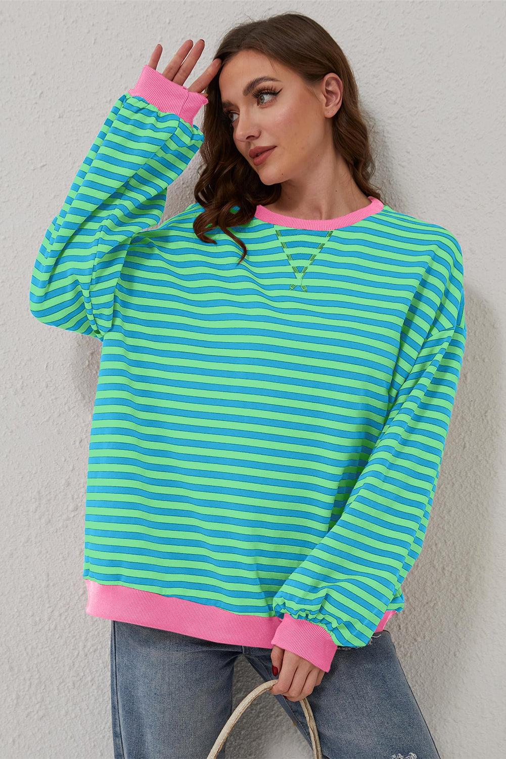 Oversized Contrast Trim Pullover Sweatshirt | Sky Blue Stripe