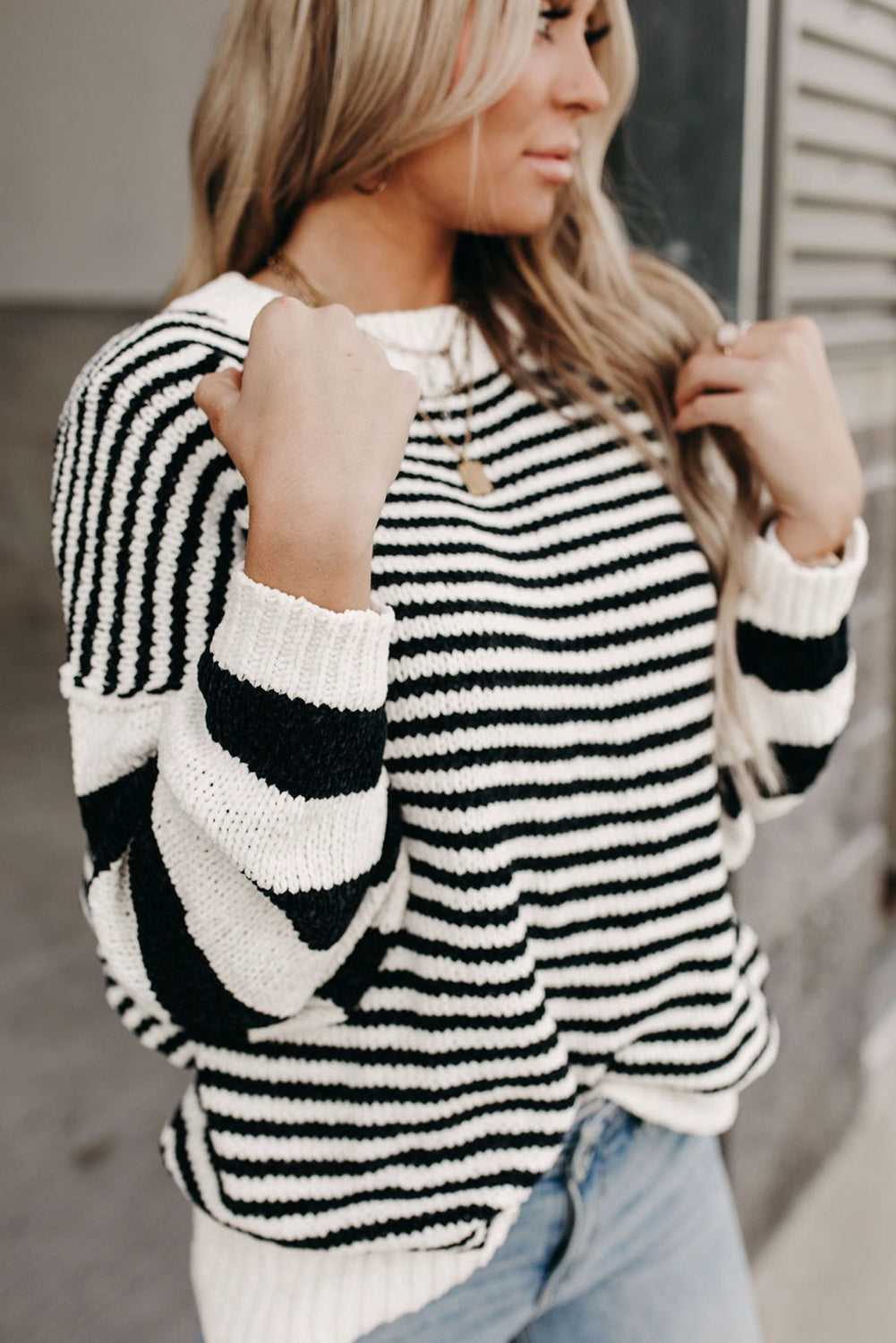 Black White Striped Drop Shoulder Bishop Sleeve Knit Sweater | Black white