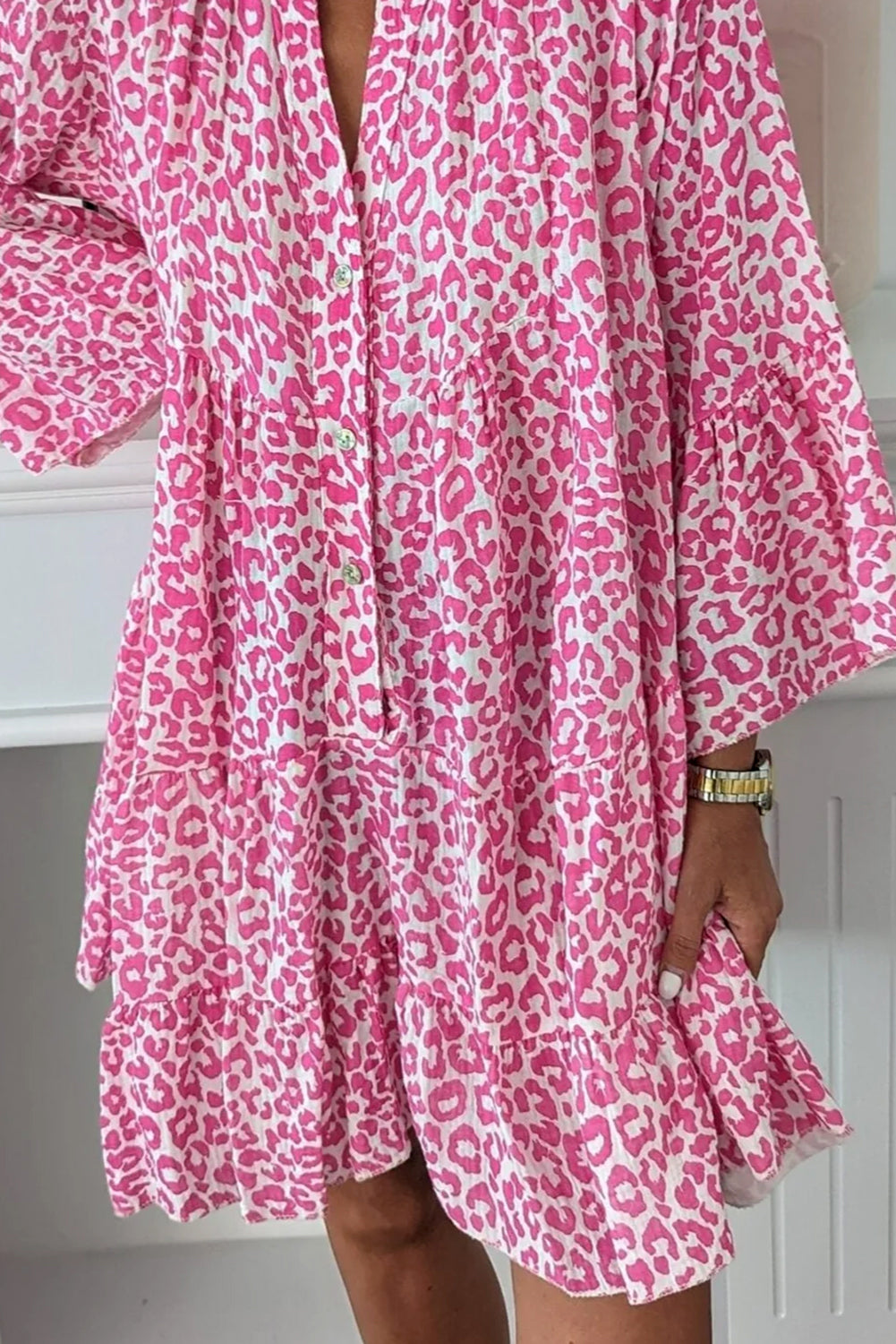 Leopard Printed Long Sleeve Buttoned Front Mini Dress | Bright Pink