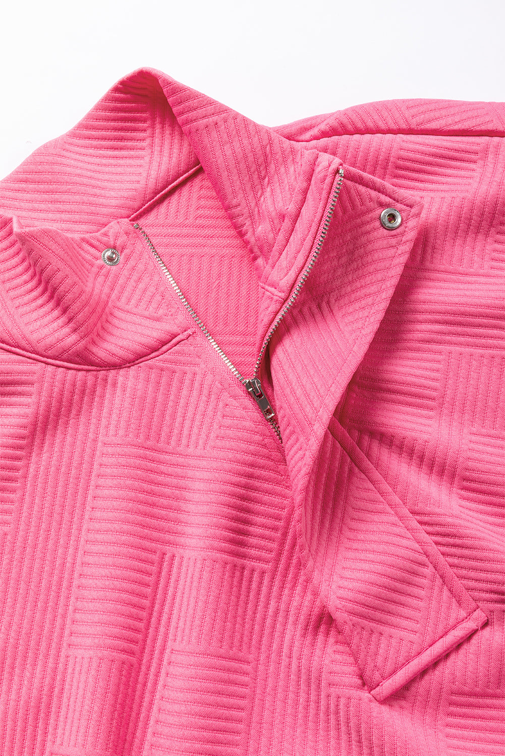 Textured Zipped Neckline Kangaroo Pocket Sweatshirt | Bright Pink