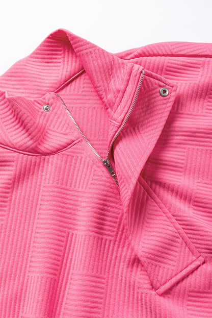 Textured Zipped Neckline Kangaroo Pocket Sweatshirt | Bright Pink