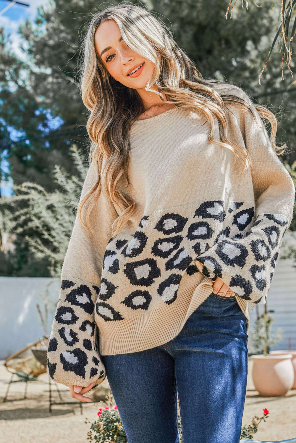 Leopard Patchwork Knitted Puff Sleeve Sweater | Khaki