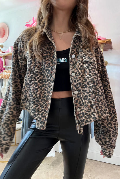 Leopard Print Corduroy Irregular Hem Buttoned Jacket | Dark Khaki